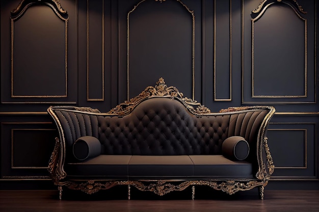 A sofa in a dark room with a gold wallpaper.