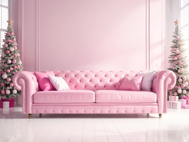 Sofa in the Interior of the White Room with Pink Accents