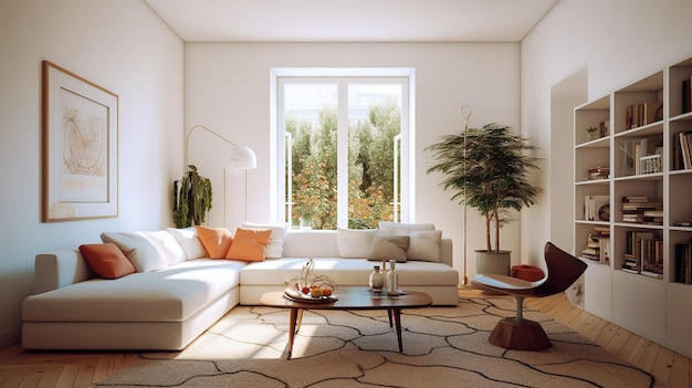 A sofa light and white walls make for a bright and clear room Generative AI