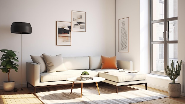 A sofa light and white walls make for a bright and clear room Generative AI