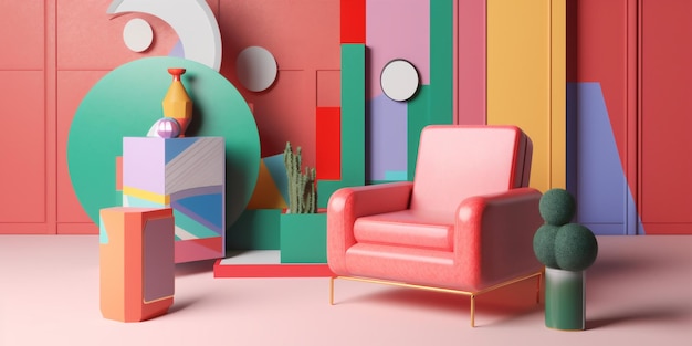 Sofa memphis pink interior home design colourful armchair geometric art room Generative AI