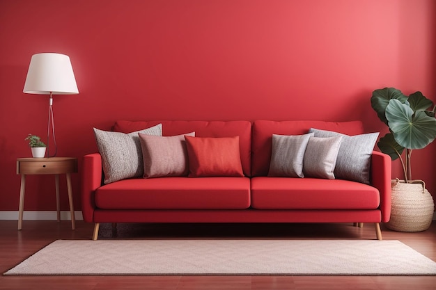 Sofa in red living room with copy space for mock up