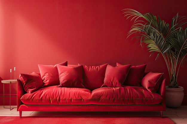 Photo sofa in red living room with copy space for mock up