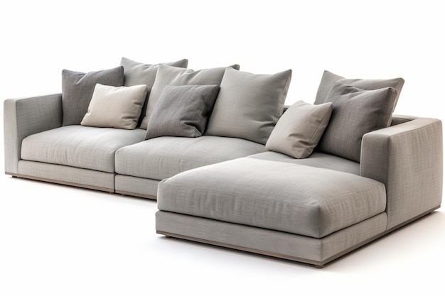 A sofa with a grey fabric and a white background