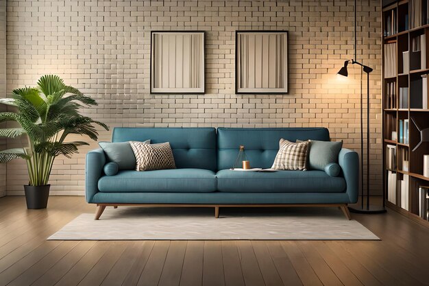 a sofa with pillows on it and a lamp on the wall