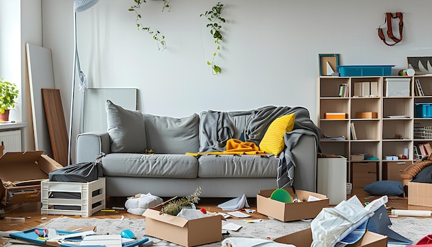 Sofa with shelving unit and drawers in messy dining room