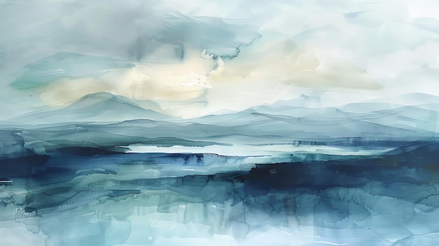 Photo a soft abstract watercolor painting depicting a misty mountain range and a body of water