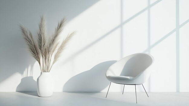 The soft armchair and dry grass in the vase in an empty room in morning light minimalist living room interior background Scandinavian style mockup of an empty wall