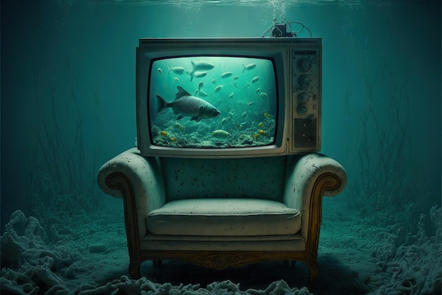 Soft armchair old tv set fishes underwater created with generative ai