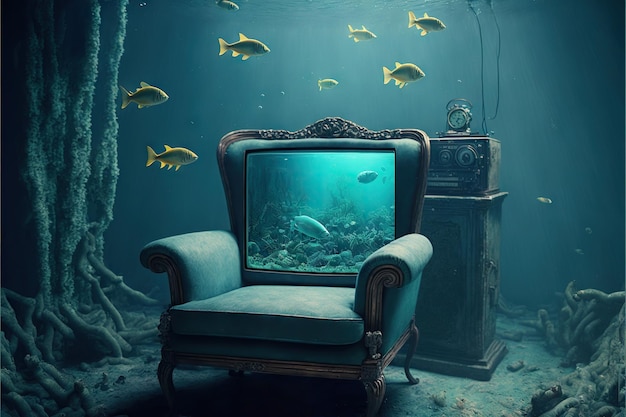 Soft armchair old tv set fishes underwater created with generative ai