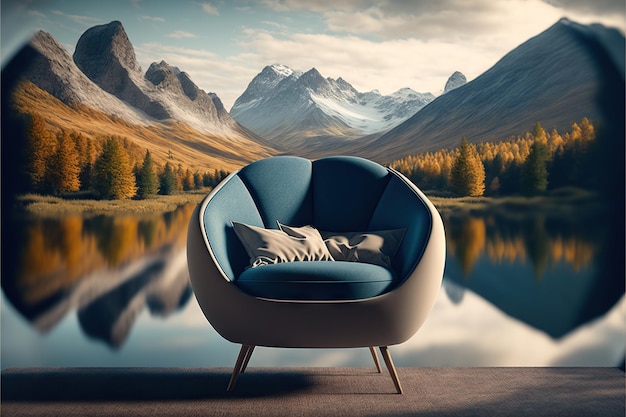 Soft armchair and scenic landscape with mountains created with generative ai