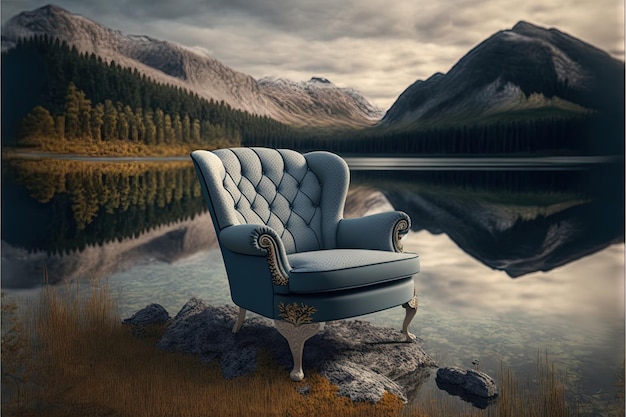 Soft armchair standing near beautiful lake created with generative ai