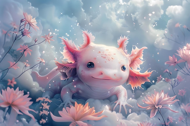 A soft and axolotl in pastel colors surrounded by flowers and clouds with a cute and playful style