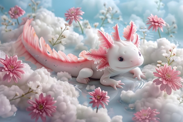 A soft and axolotl in pastel colors surrounded by flowers and clouds with a cute and playful style