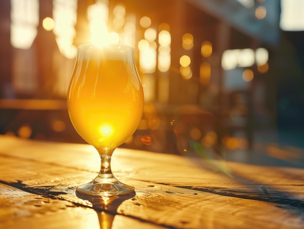 Soft backlighting highlights a glass of beer resting on a wooden table