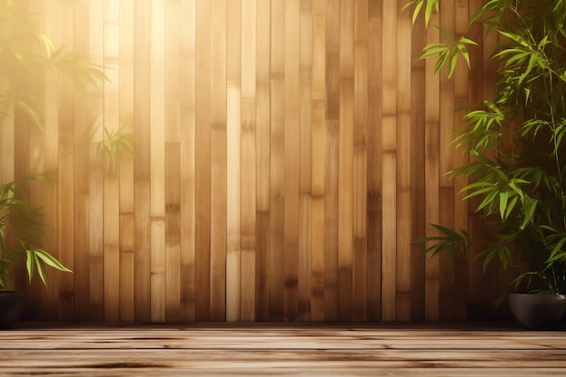 Soft and Beautiful Foliage of a Tropical Bamboo Tree Casting Dappled Sunlight and Leaf Shadows on a Brown Wooden Panel Wall Ai Generated