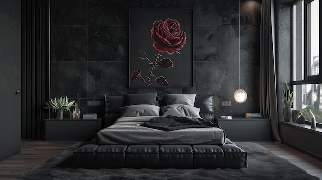 Soft black bedroom with granite walls and abstract rose painting minimalist luxury lamp