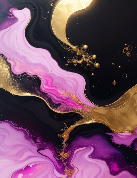 Soft black and pink color liquid Alcohol Ink gold dripping gold