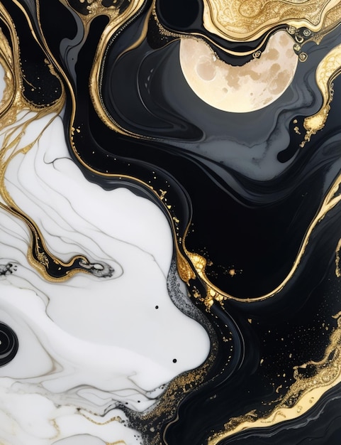 Soft black and white color liquid Alcohol Ink gold dripping gold