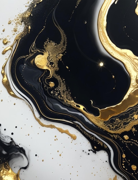 Soft black and white color liquid Alcohol Ink gold dripping gold