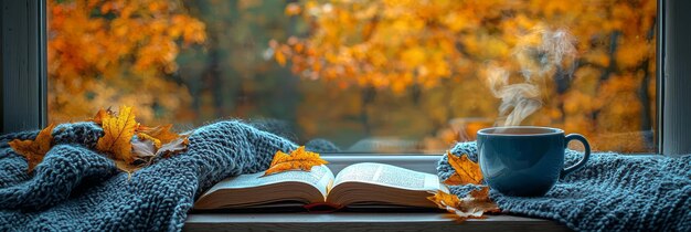 Photo a soft blanket an open book and a steaming cup of tea resting on the windowsill with the golden colors