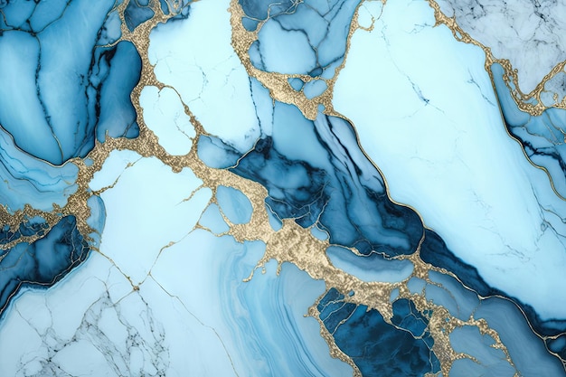 Soft blue marble texture with gold streaks ai generative