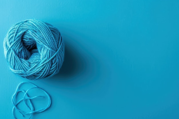 Photo soft blue yarn ball with loose strands on a bright blue background