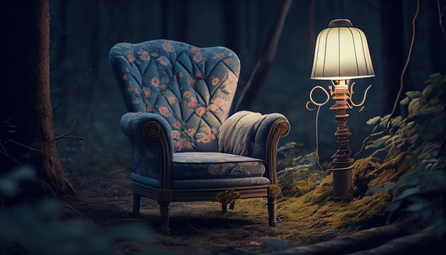 Soft chair in the woods with a lamp a quiet place Al generated