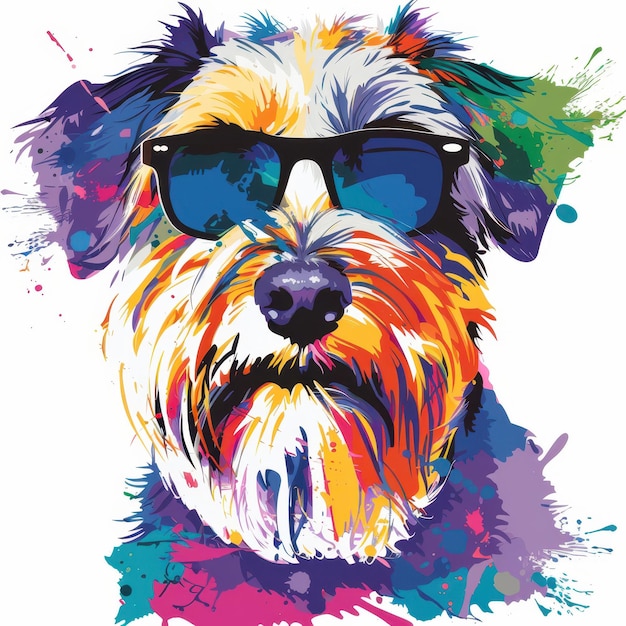 Soft Coated Wheaten Terrier dog wearing sunglasses in colorful pop art style