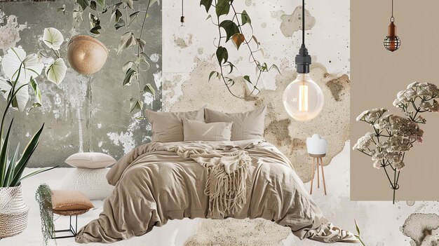 soft colors with a hanging light bulb bedroom for video call