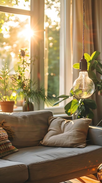 soft colors with a hanging light bulb living room for video call