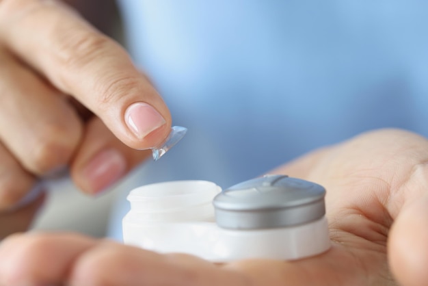 Soft contact lens and lens storage box eye lens care concept