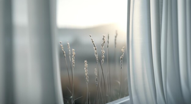 Photo soft curtain draped by sunlit meadow at dawn