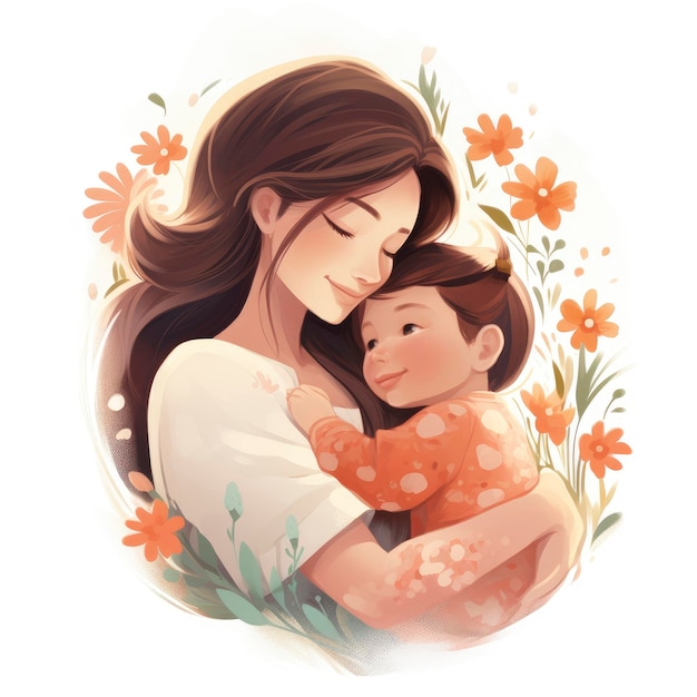 Soft Cute Illustration of a Mom Cuddling with Her Child