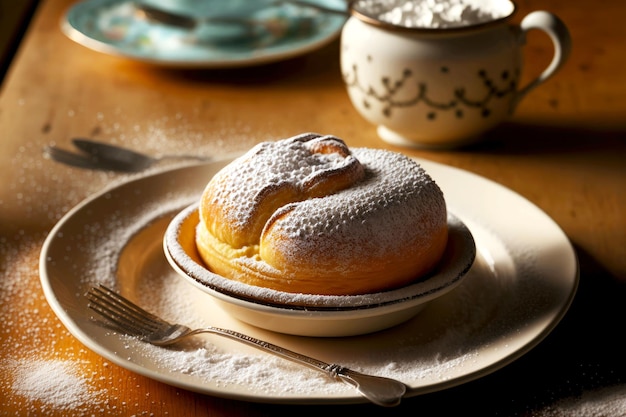 Soft delicious brioche with powdered sugar on plate