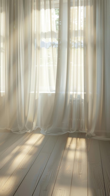 Soft diffused light filtering through sheer curtains in a cozy room with background copyspace