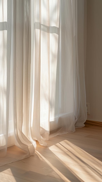 Soft diffused light filtering through sheer curtains in a cozy room with background copyspace