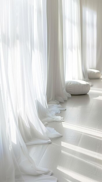 Soft diffused light filtering through sheer curtains in a cozy room with background copyspace