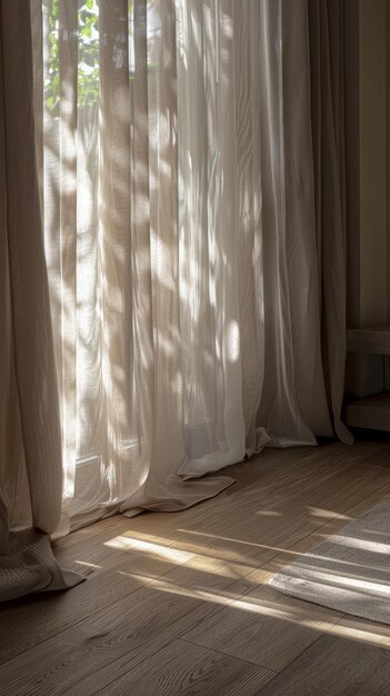 Soft diffused light filtering through sheer curtains in a cozy room with background copyspace