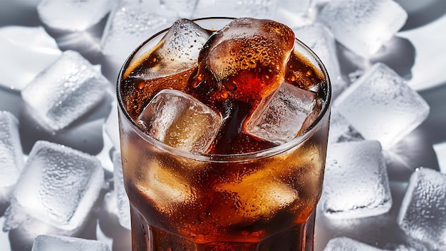 Soft drinks cola glass with ice cubes on a white background