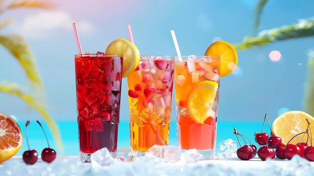 soft drinks soft drinks in which ice is poured tropical mixed fruit near beach soft Generative AI