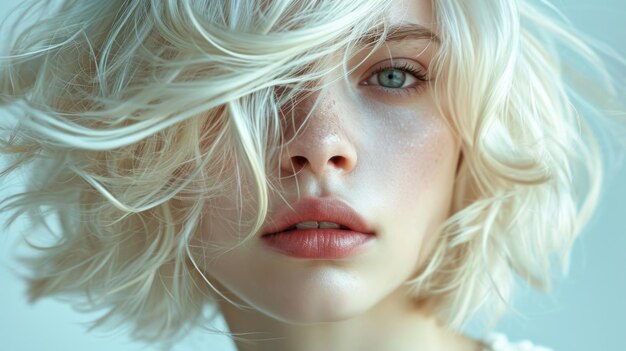 Soft and Ethereal Beauty Portrait Woman with Dynamic Tousled Bob SideSwept Fringe Covering One Eye Flawless Pale Skin Gradient Light Background for Serene Atmosphere