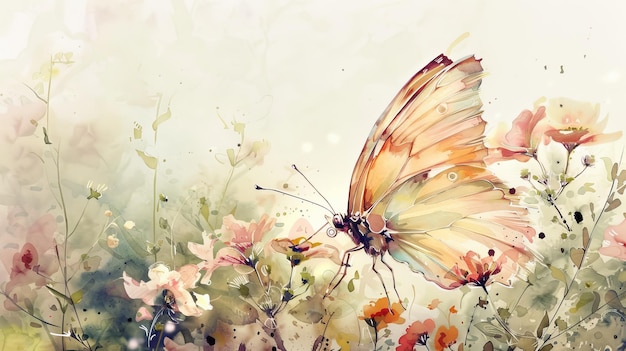 Photo soft and ethereal a watercolor butterfly flutters gently amidst a garden of delicate blossoms ai generated illustration