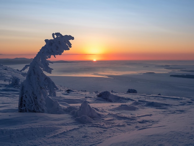 Soft focus Beautiful Arctic sunrise Sunrise over the snowy polar slope