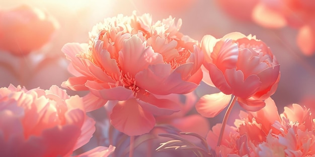 Soft focus dreamlike image of pink peony flowers blooming in a garden with sunlight