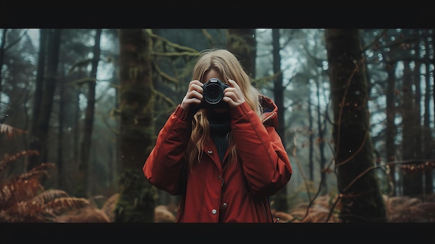 Photo soft focus of female photographer holding camera capturing a shot