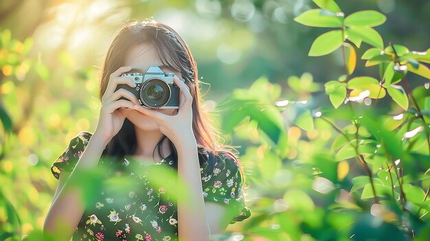 Photo soft focus of female photographer holding camera capturing a shot