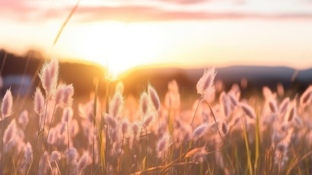 Photo soft focus of grass flowers with sunset light peaceful and relax natural beauty