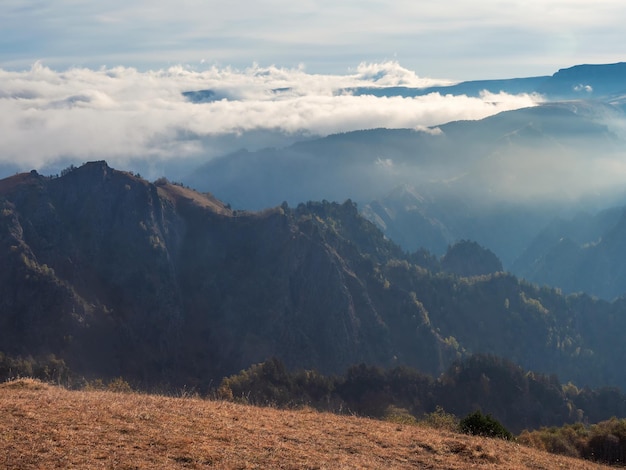 Soft focus Mountains in a dense fog and sunny slope Mystical landscape with beautiful sharp rocks in low clouds Beautiful mountain foggy scenery on abyss edge with sharp forest slopes Amazing land