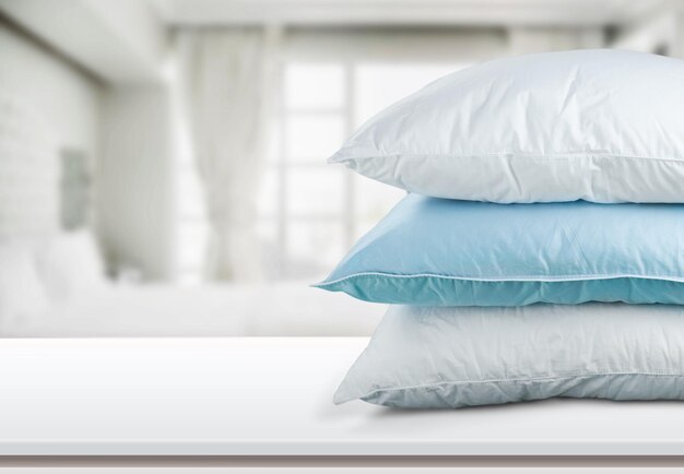 Photo soft folded blanket and pillows on bed room indoors